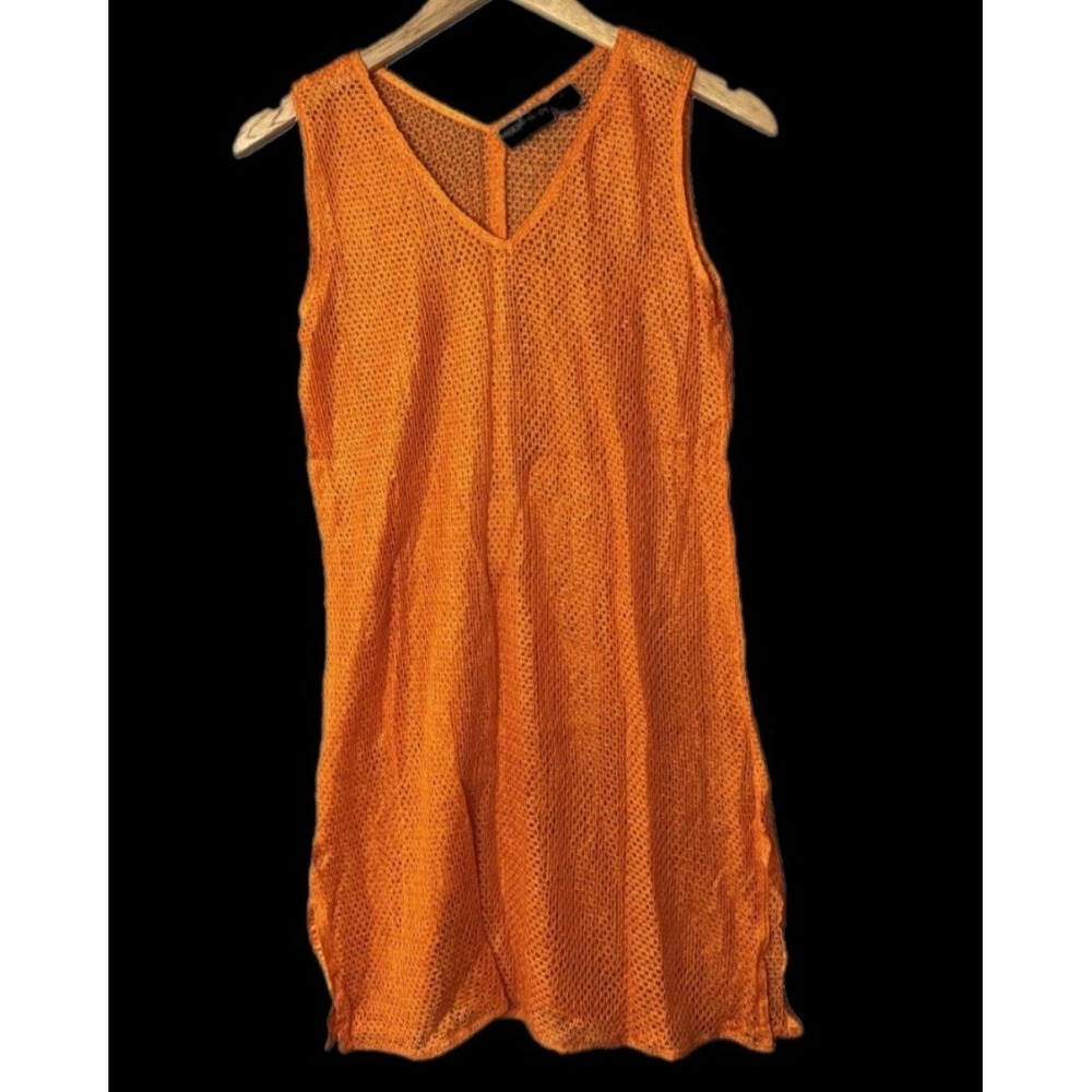 Y2K Trendy Looks Mesh Knit Tunic Women Medium Orange V-Neck Rayon Coverup - Picture 9 of 13